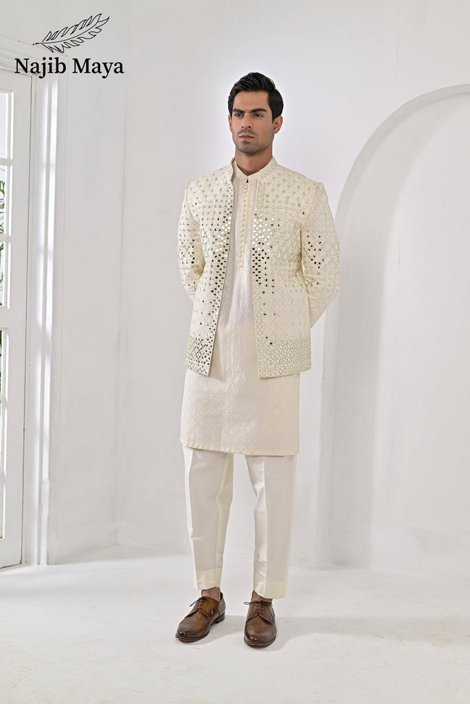 Cream Embroidery Mirror Work Prince Coat + Cream Embroidery Kurta Pajama For Men's