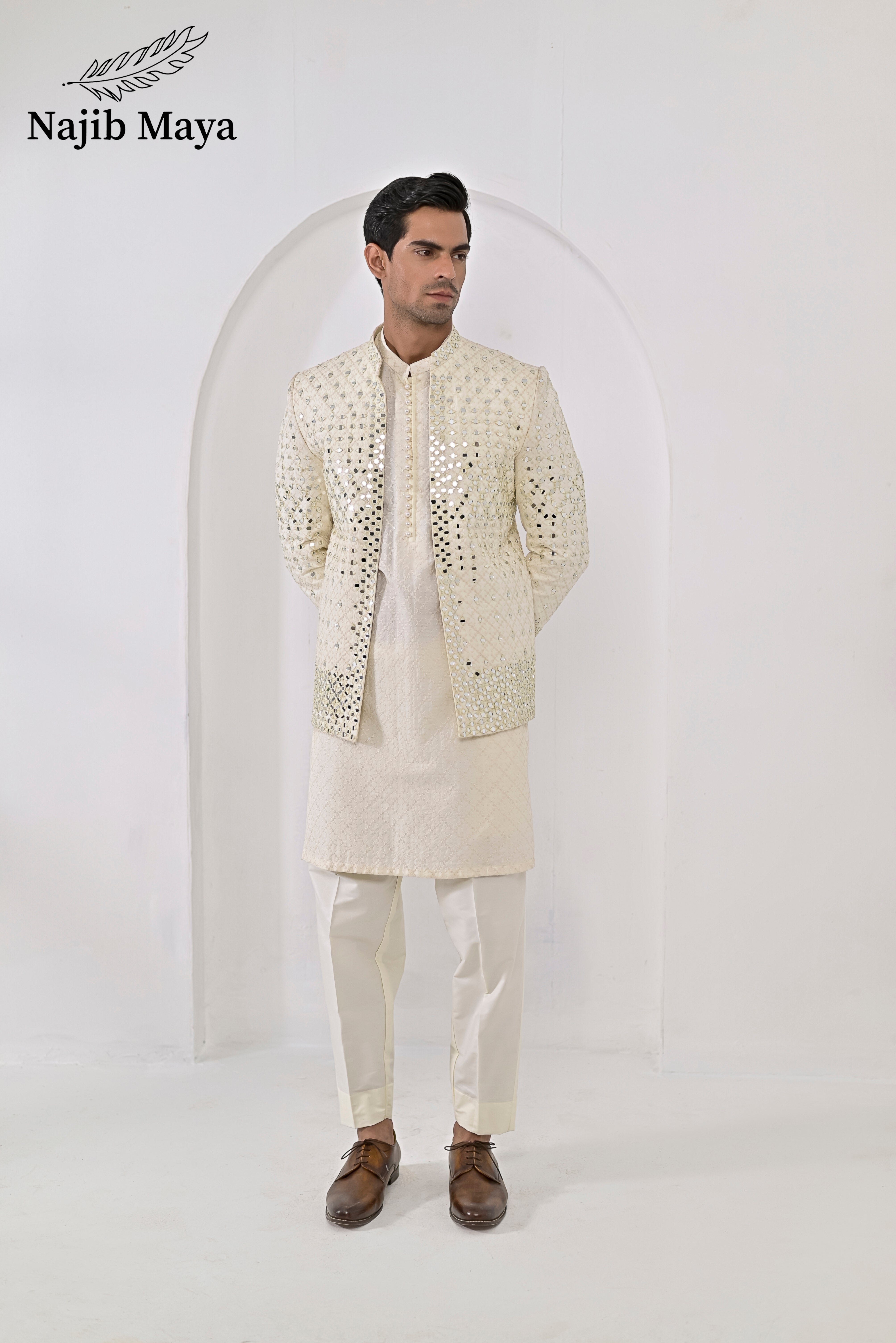 Cream Embroidery Mirror Work Prince Coat + Cream Embroidery Kurta Pajama For Men's Main image