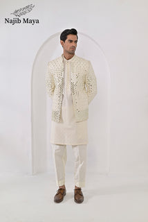 Cream Embroidery Mirror Work Prince Coat + Cream Embroidery Kurta Pajama For Men's