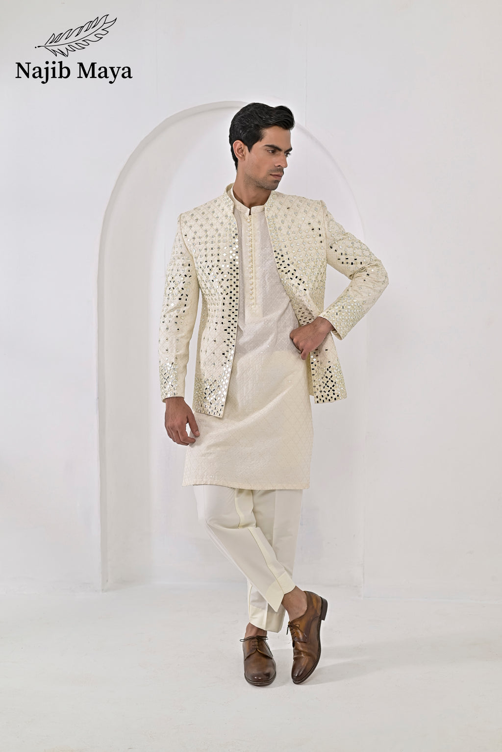 Cream Embroidery Mirror Work Prince Coat + Cream Embroidery Kurta Pajama For Men's