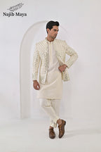 Cream Embroidery Mirror Work Prince Coat + Cream Embroidery Kurta Pajama For Men's