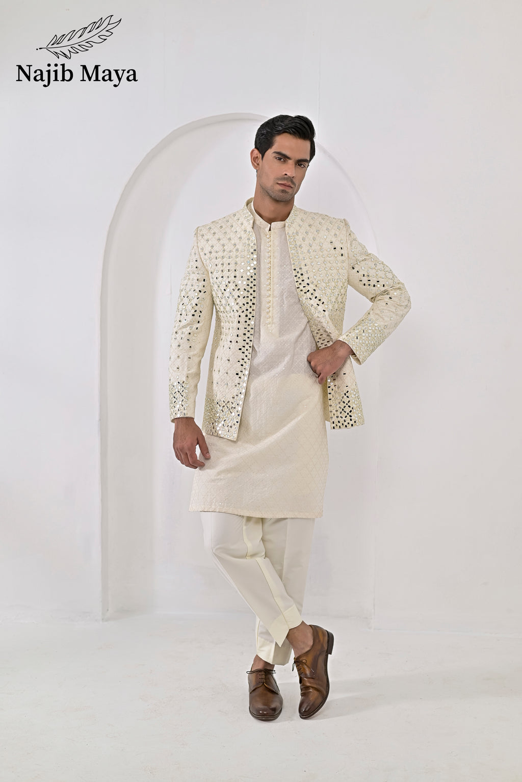Cream Embroidery Mirror Work Prince Coat + Cream Embroidery Kurta Pajama For Men's