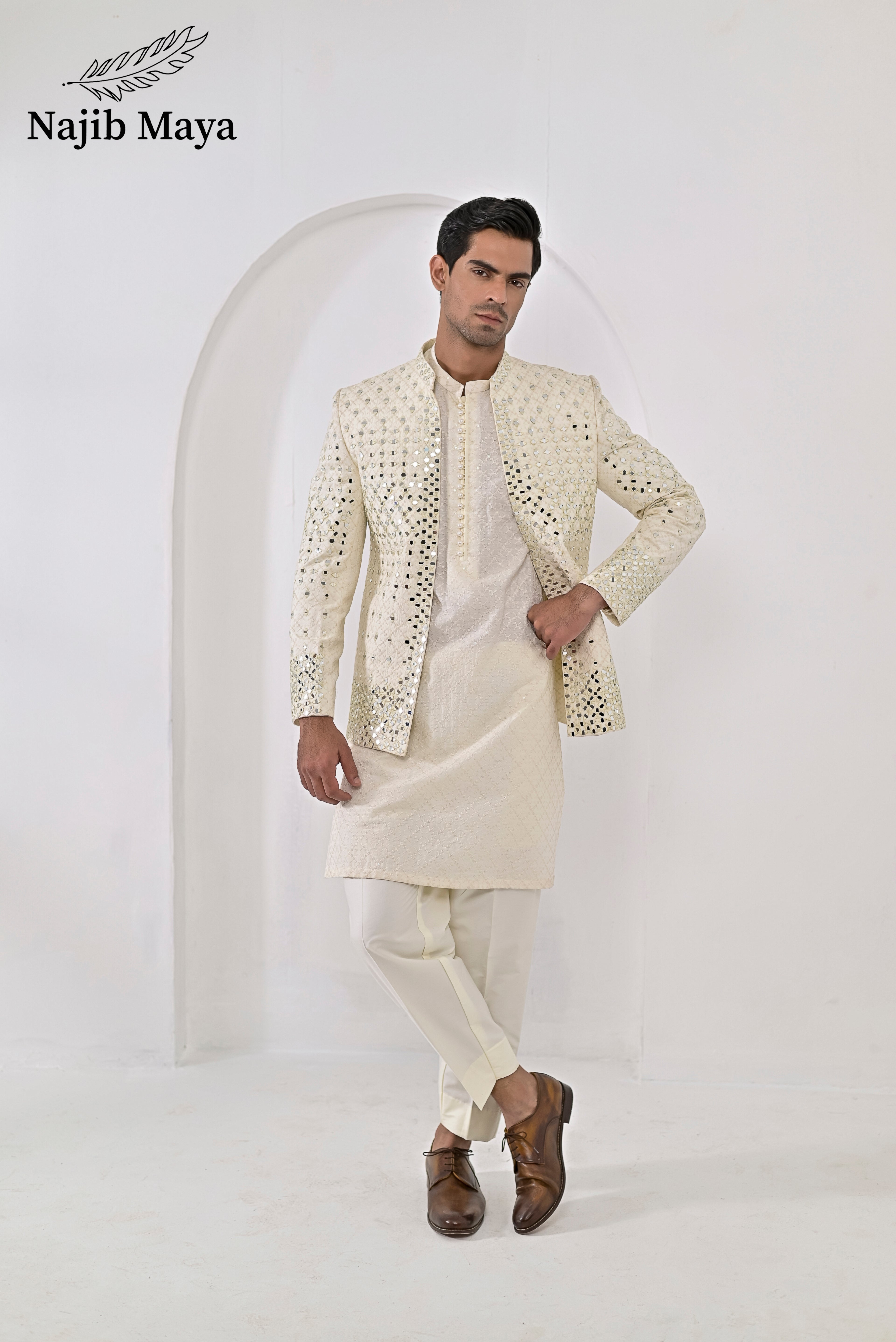 Cream Embroidery Mirror Work Prince Coat + Cream Embroidery Kurta Pajama For Men's