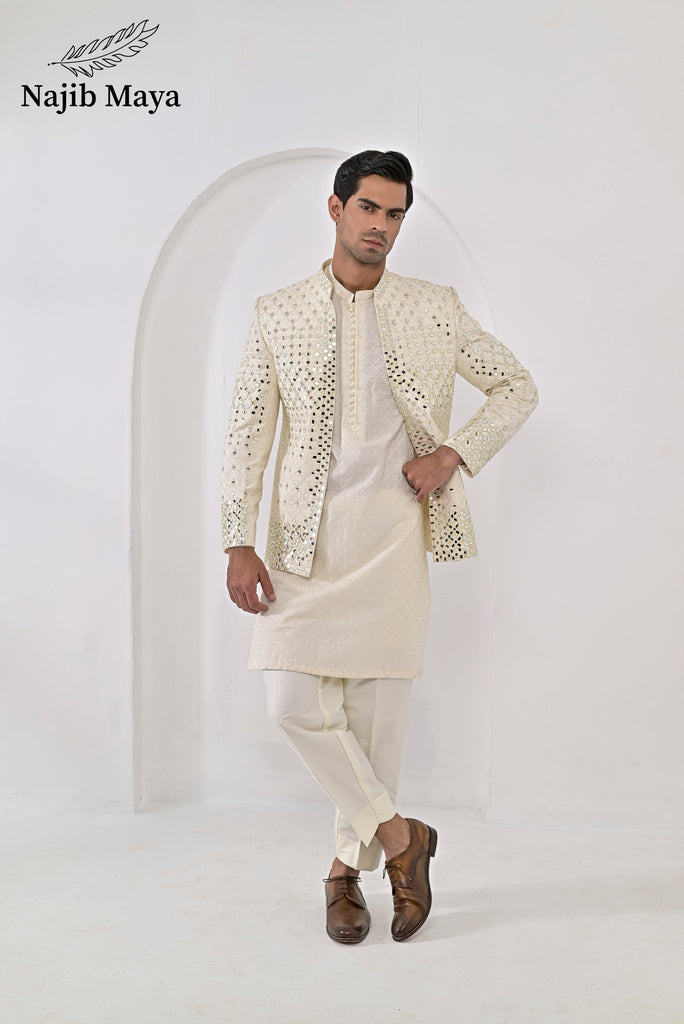 Cream Embroidery Mirror Work Prince Coat + Cream Embroidery Kurta Pajama For Men's