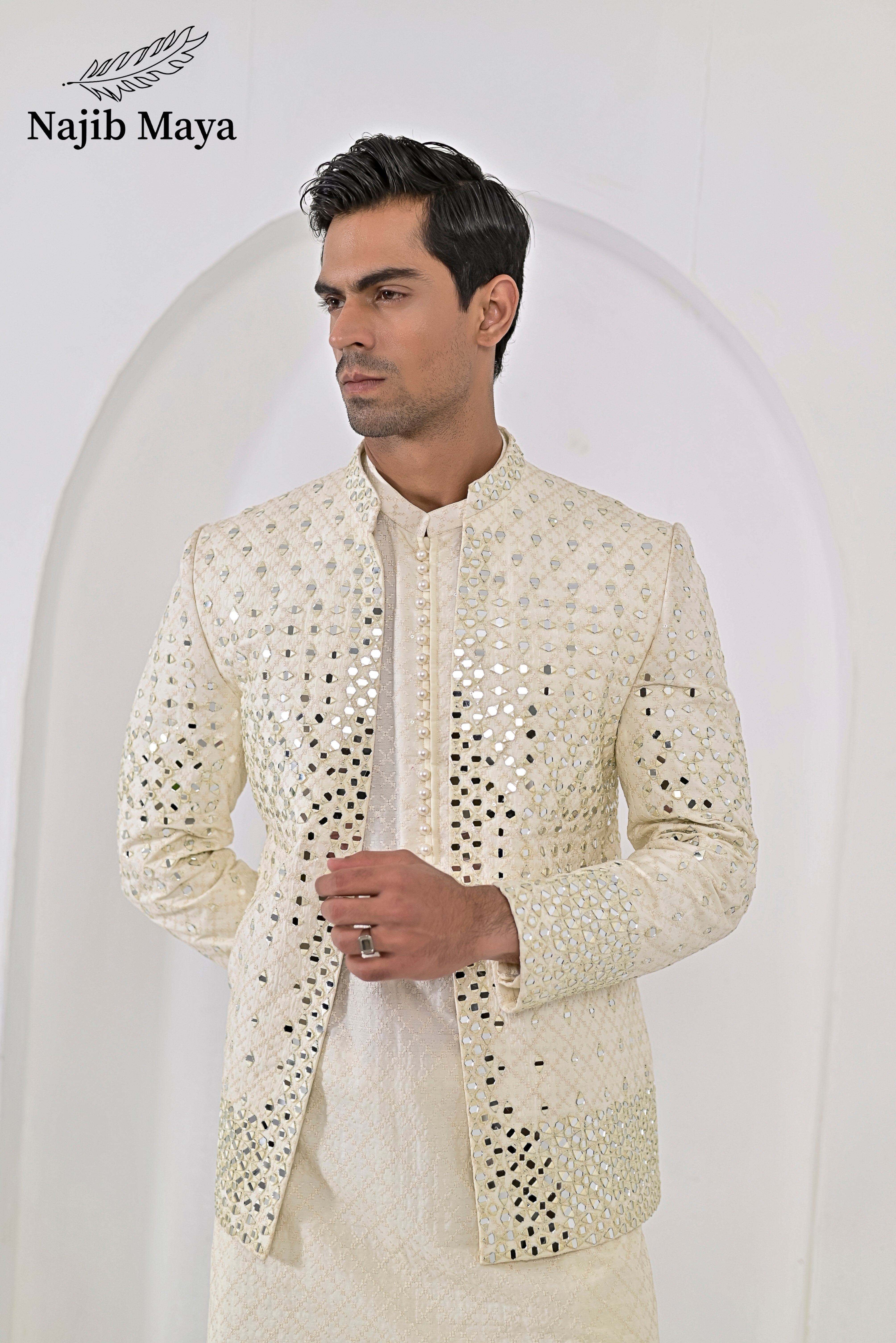 Cream Embroidery Mirror Work Prince Coat + Cream Embroidery Kurta Pajama For Men's Secondary image