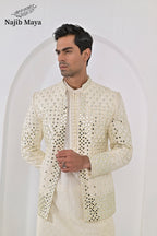 Cream Embroidery Mirror Work Prince Coat + Cream Embroidery Kurta Pajama For Men's