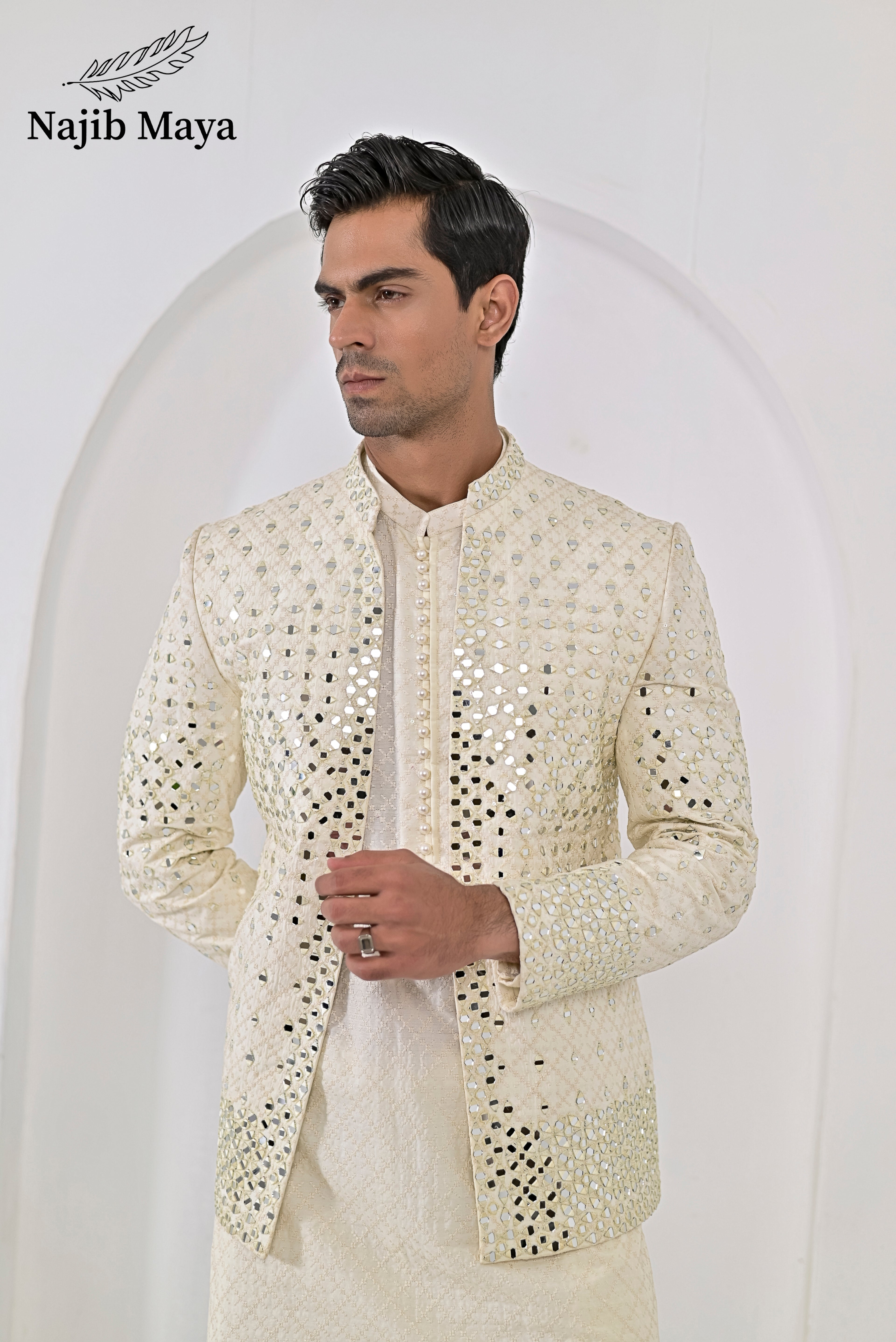 Cream Embroidery Mirror Work Prince Coat + Cream Embroidery Kurta Pajama For Men's