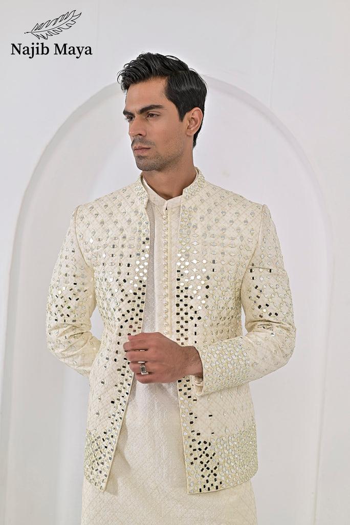 Cream Embroidery Mirror Work Prince Coat + Cream Embroidery Kurta Pajama For Men's