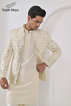 Cream Embroidery Mirror Work Prince Coat + Cream Embroidery Kurta Pajama For Men's