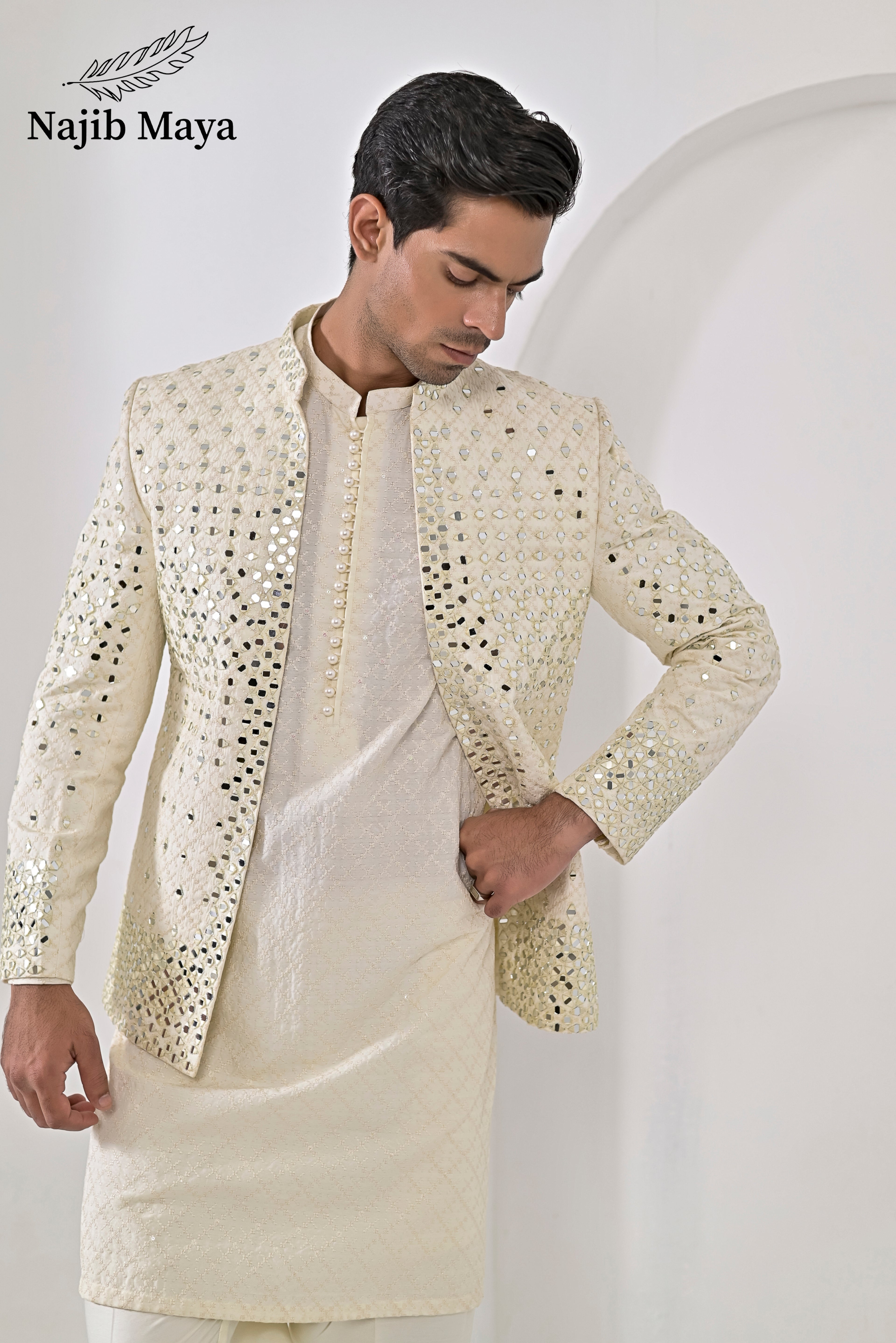 Cream Embroidery Mirror Work Prince Coat + Cream Embroidery Kurta Pajama For Men's