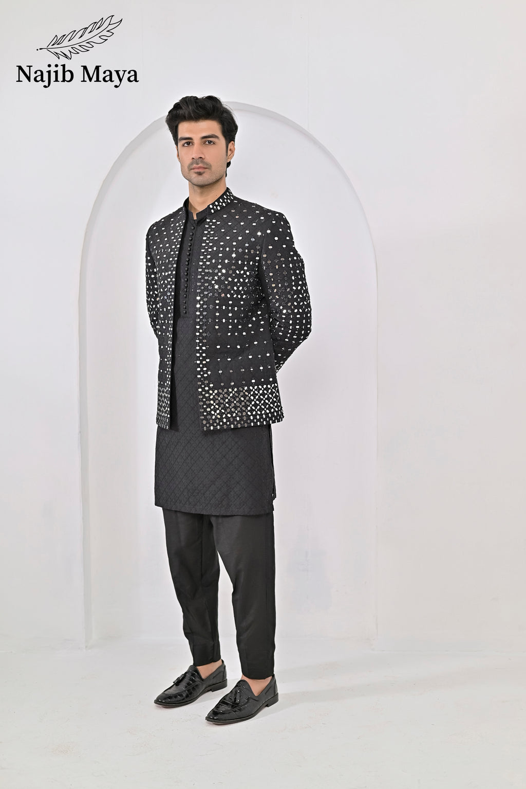 Black Embroidery Mirror Work Prince Coat + Black Embroidery Kurta Pajama For Men's