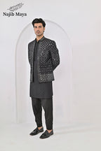 Black Embroidery Mirror Work Prince Coat + Black Embroidery Kurta Pajama For Men's
