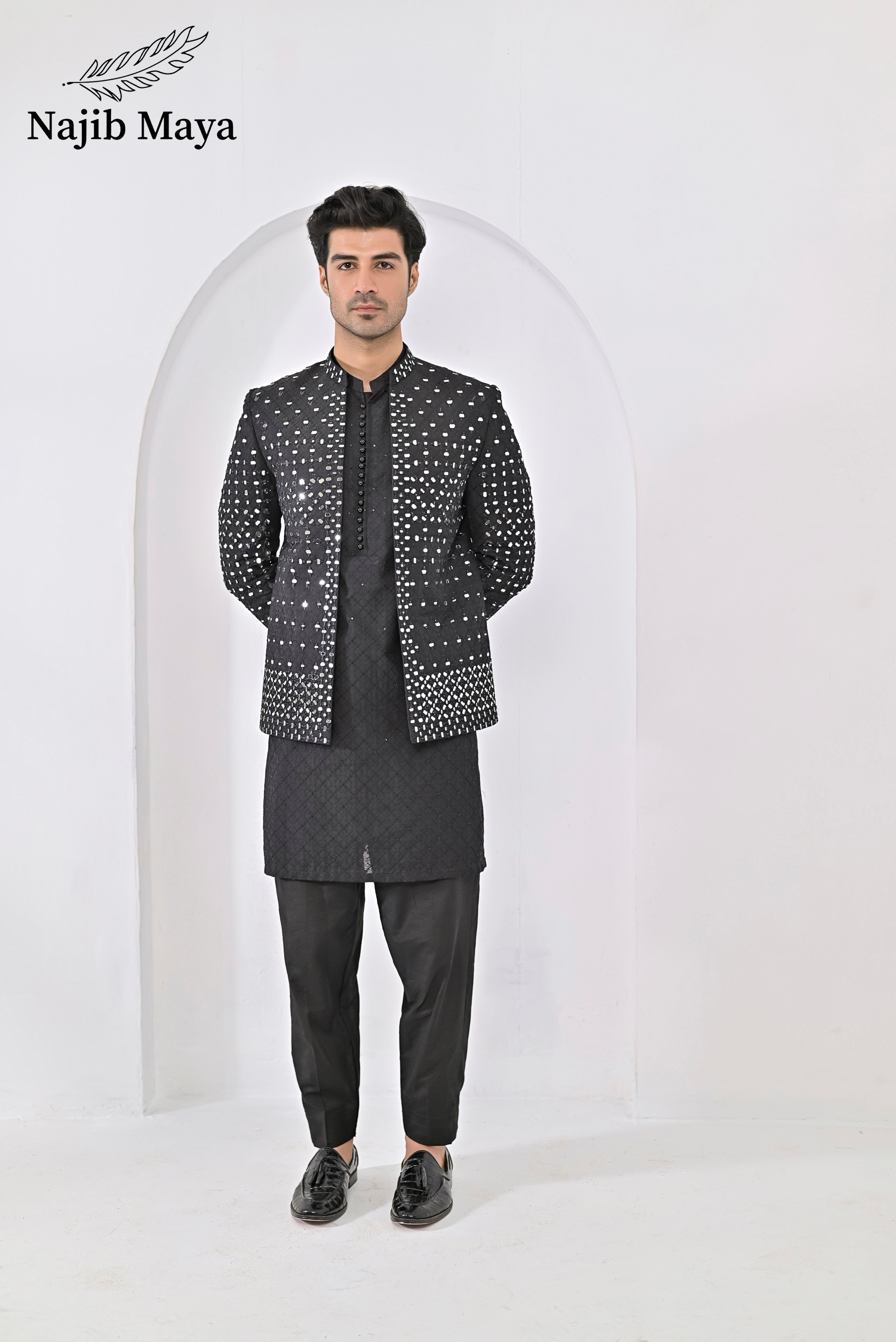 Black Embroidery Mirror Work Prince Coat + Black Embroidery Kurta Pajama For Men's Main image
