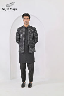 Black Embroidery Mirror Work Prince Coat + Black Embroidery Kurta Pajama For Men's