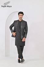 Black Embroidery Mirror Work Prince Coat + Black Embroidery Kurta Pajama For Men's