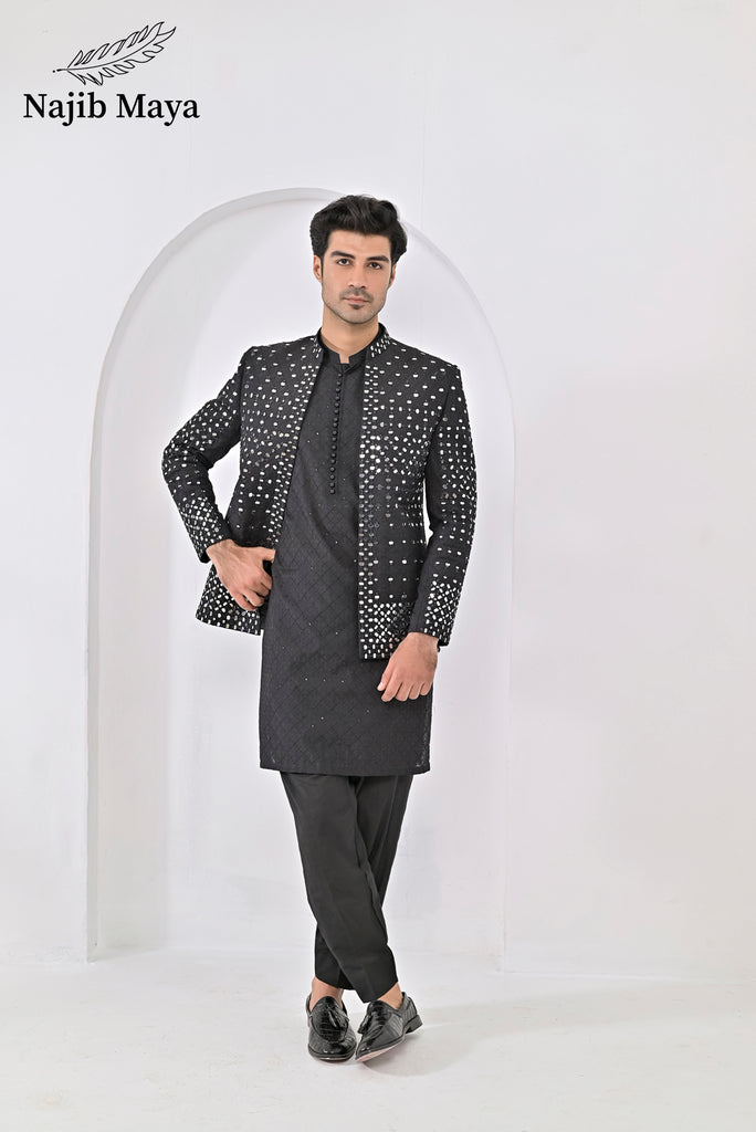 Black Embroidery Mirror Work Prince Coat + Black Embroidery Kurta Pajama For Men's