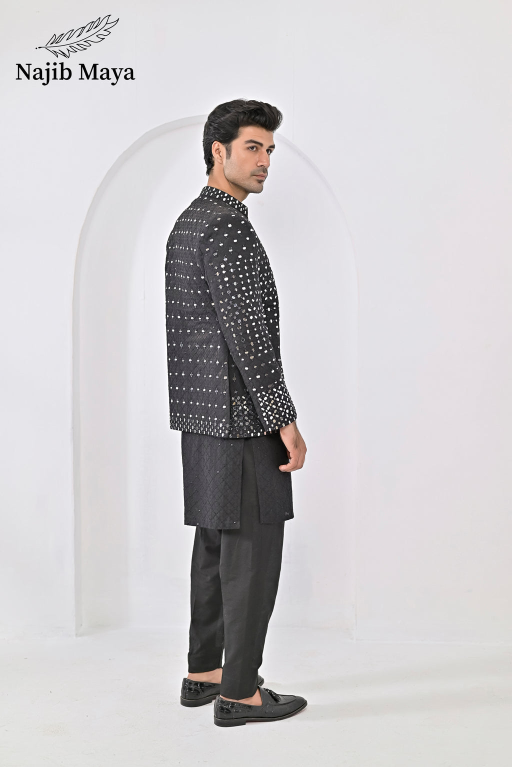 Black Embroidery Mirror Work Prince Coat + Black Embroidery Kurta Pajama For Men's