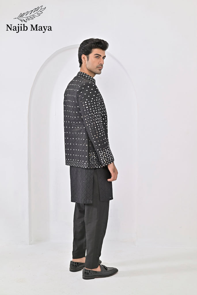 Black Embroidery Mirror Work Prince Coat + Black Embroidery Kurta Pajama For Men's