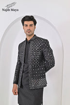 Black Embroidery Mirror Work Prince Coat + Black Embroidery Kurta Pajama For Men's