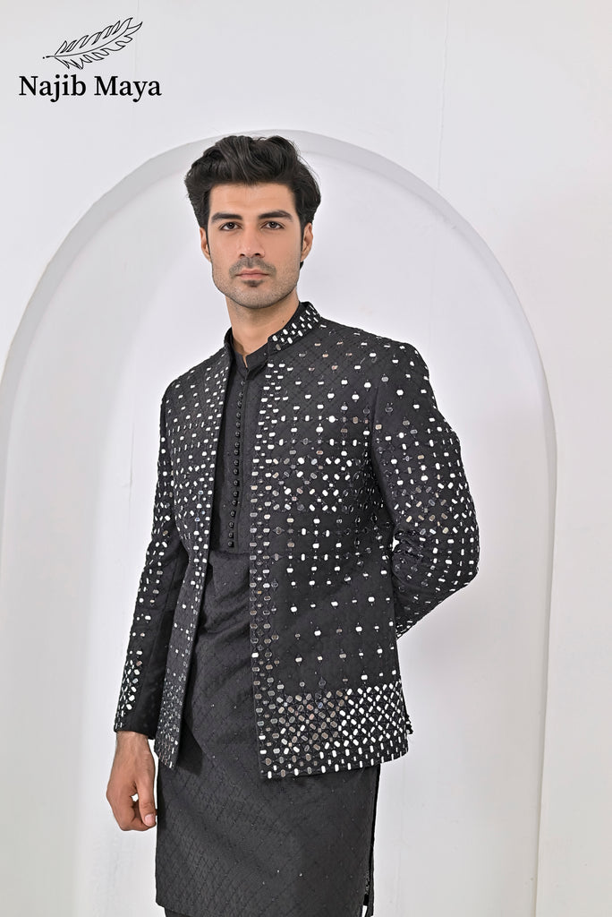 Black Embroidery Mirror Work Prince Coat + Black Embroidery Kurta Pajama For Men's