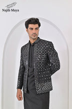 Black Embroidery Mirror Work Prince Coat + Black Embroidery Kurta Pajama For Men's