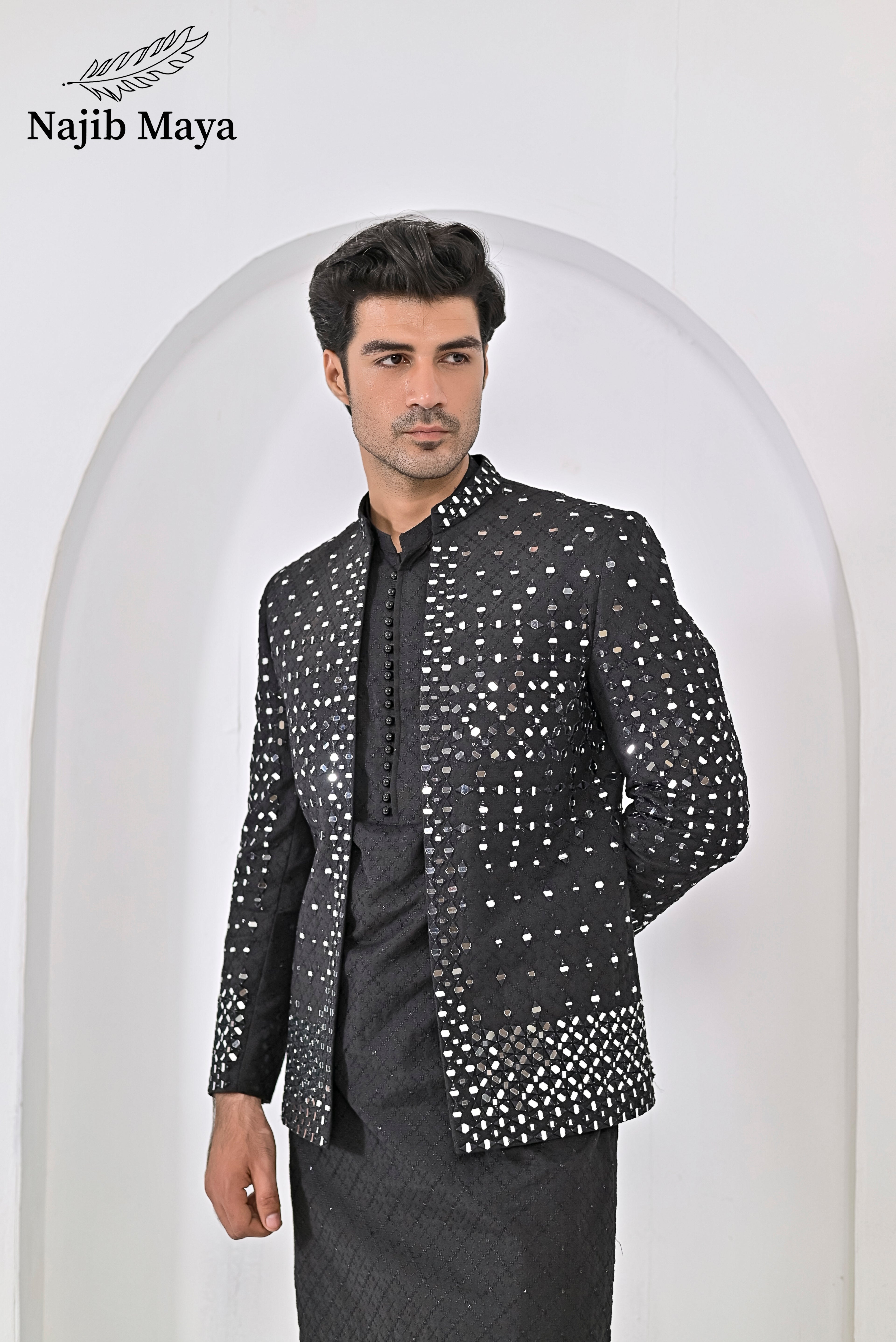 Black Embroidery Mirror Work Prince Coat + Black Embroidery Kurta Pajama For Men's