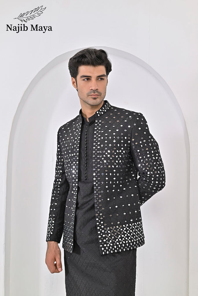 Black Embroidery Mirror Work Prince Coat + Black Embroidery Kurta Pajama For Men's