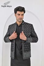 Black Embroidery Mirror Work Prince Coat + Black Embroidery Kurta Pajama For Men's