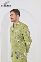 Pista Green Embroidery Mirror Work Prince Coat + Pista Green Embroidery Kurta Pajama For Men's