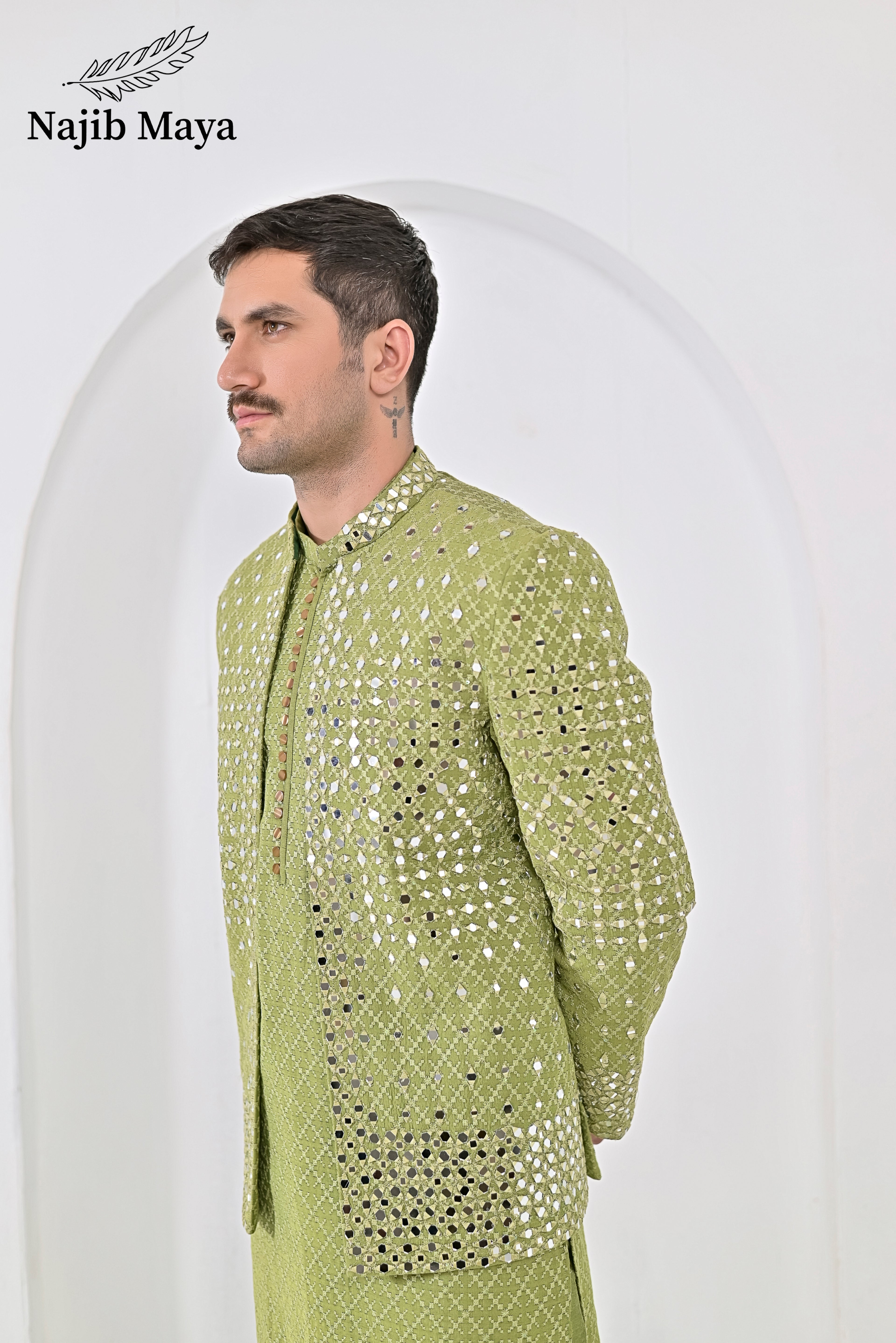 Pista Green Embroidery Mirror Work Prince Coat + Pista Green Embroidery Kurta Pajama For Men's