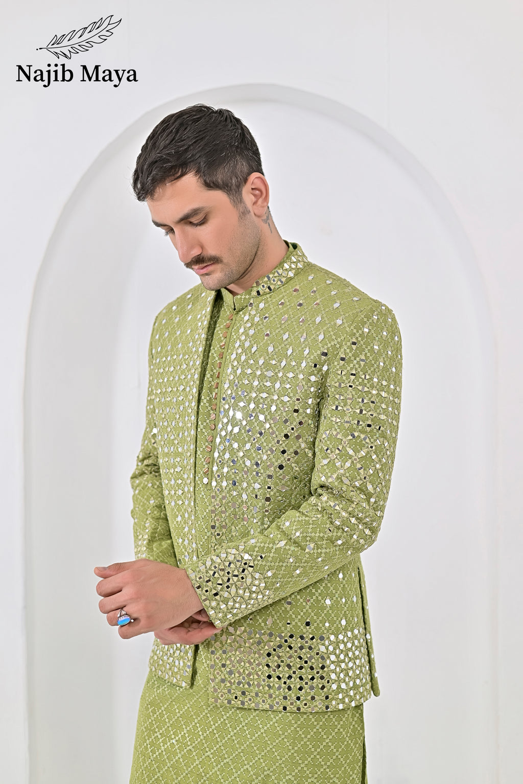 Pista Green Embroidery Mirror Work Prince Coat + Pista Green Embroidery Kurta Pajama For Men's
