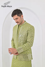 Pista Green Embroidery Mirror Work Prince Coat + Pista Green Embroidery Kurta Pajama For Men's