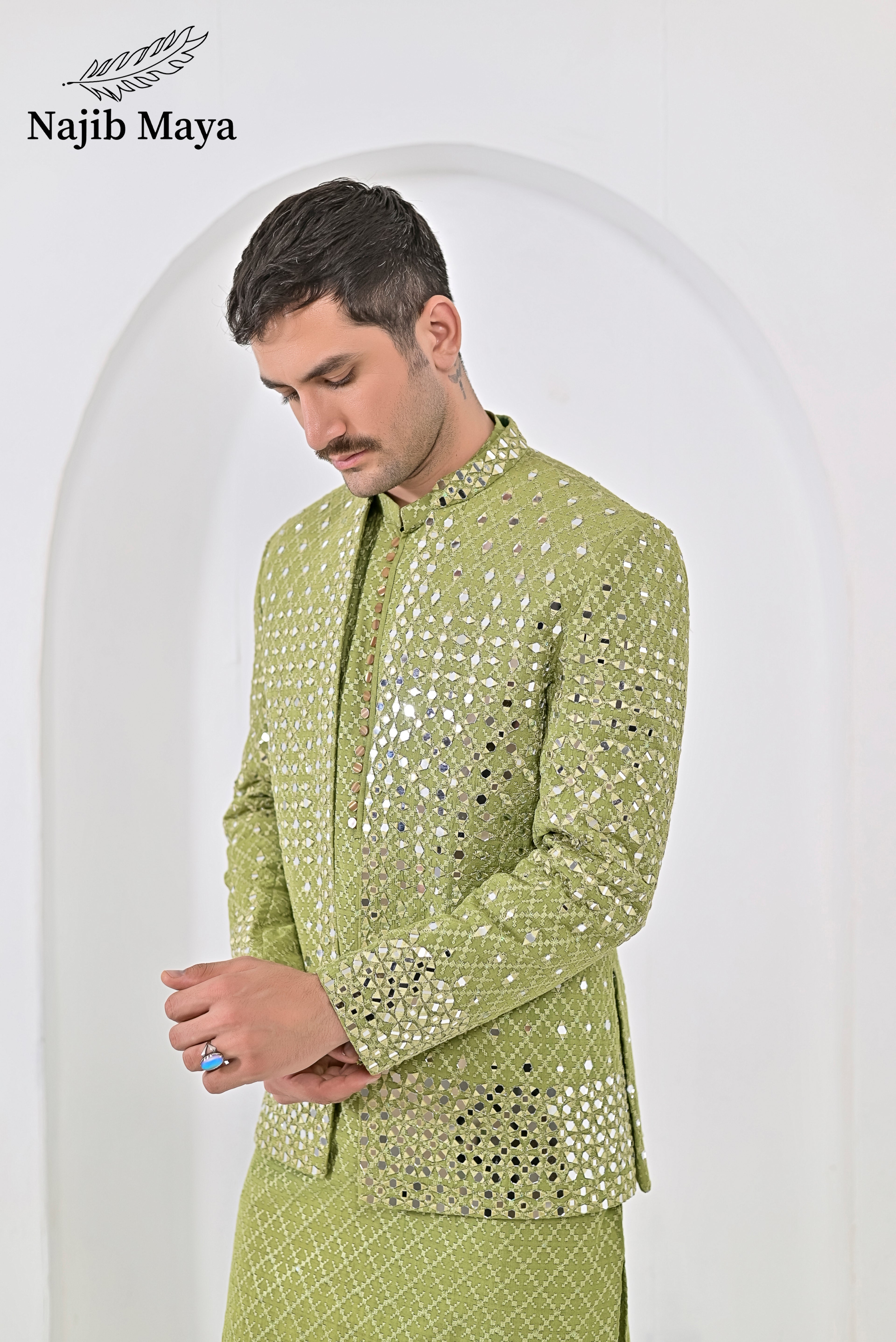 Pista Green Embroidery Mirror Work Prince Coat + Pista Green Embroidery Kurta Pajama For Men's