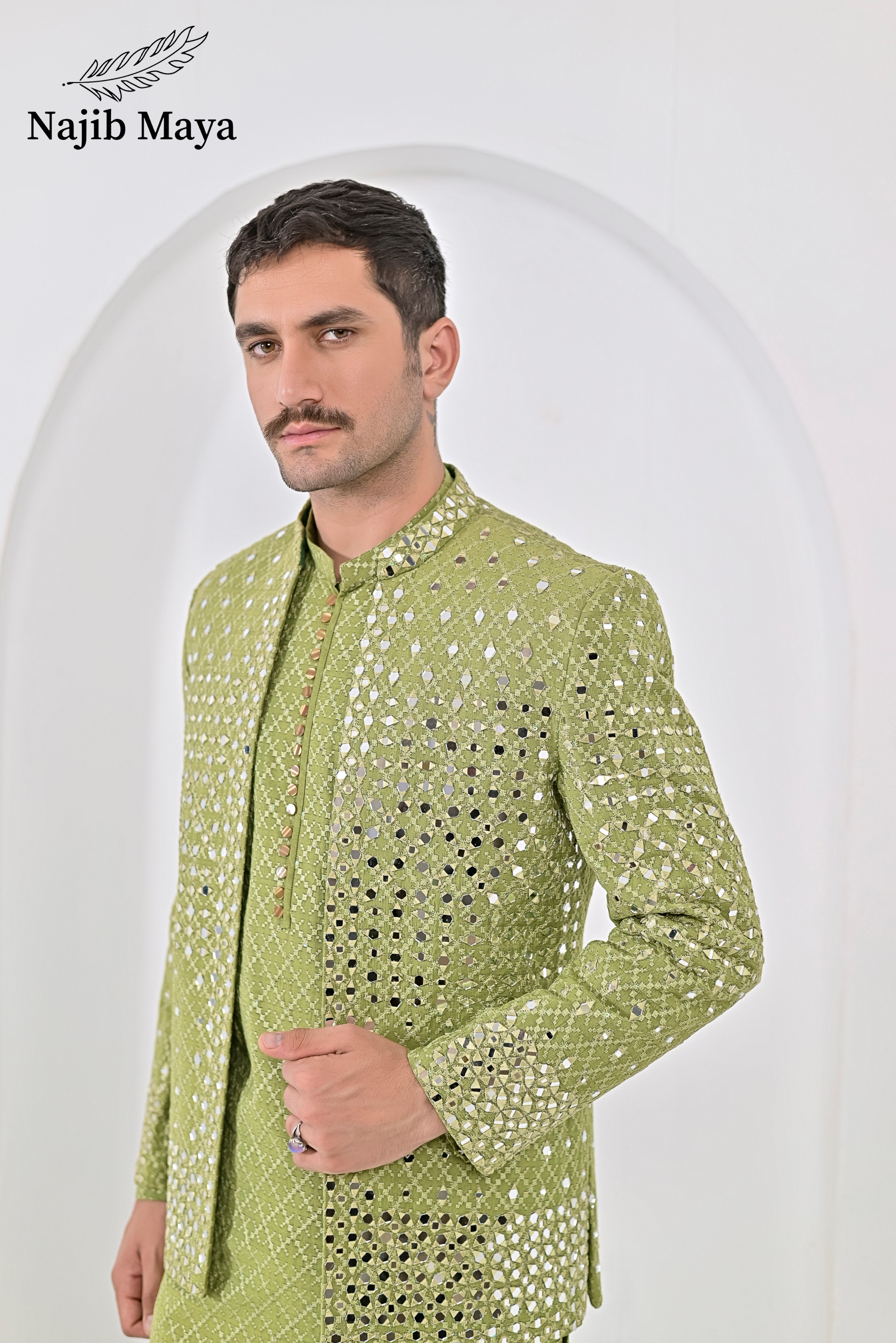 Pista Green Embroidery Mirror Work Prince Coat + Pista Green Embroidery Kurta Pajama For Men's