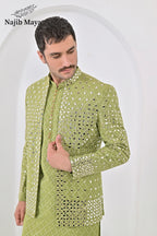 Pista Green Embroidery Mirror Work Prince Coat + Pista Green Embroidery Kurta Pajama For Men's