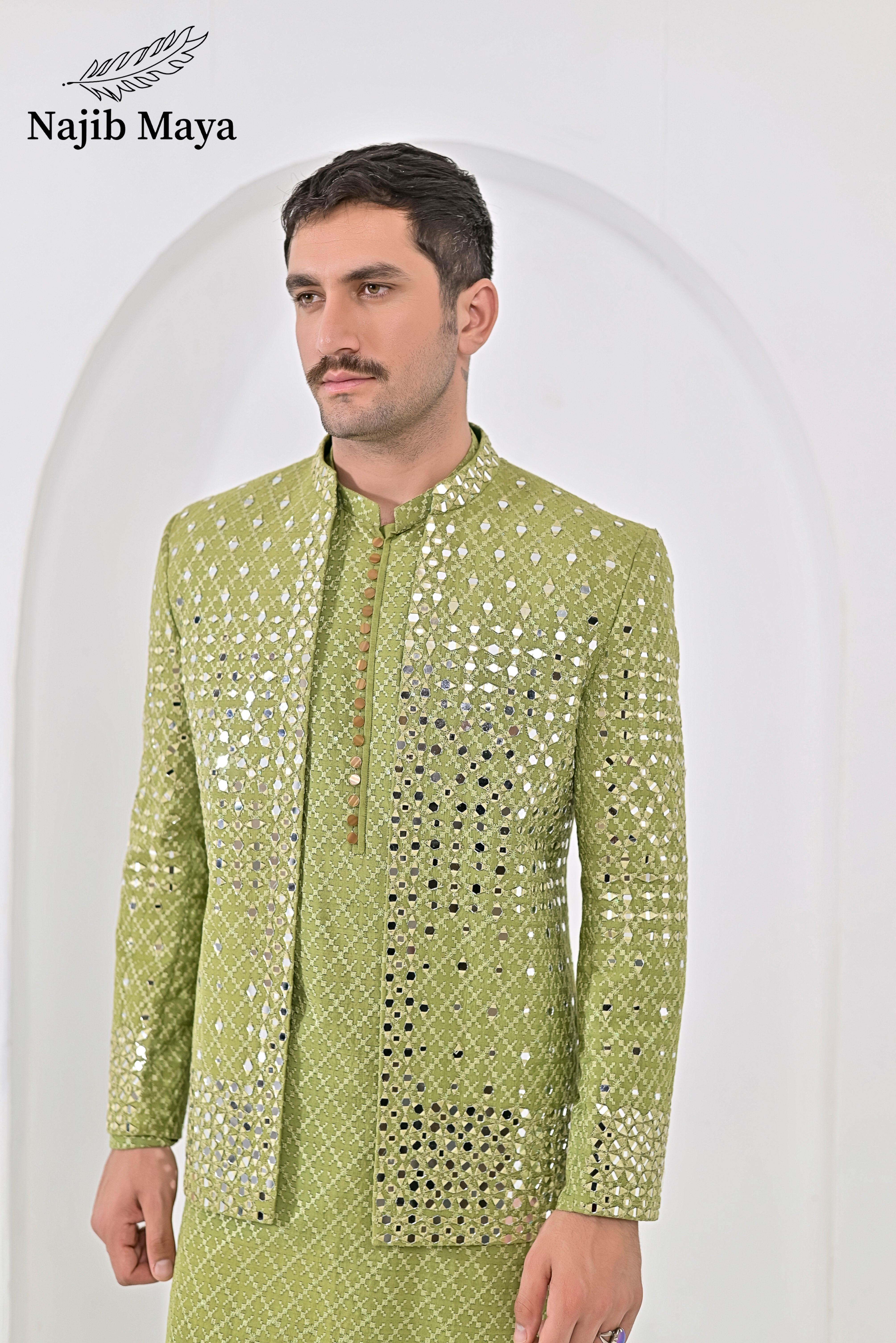 Pista Green Embroidery Mirror Work Prince Coat + Pista Green Embroidery Kurta Pajama For Men's Secondary image