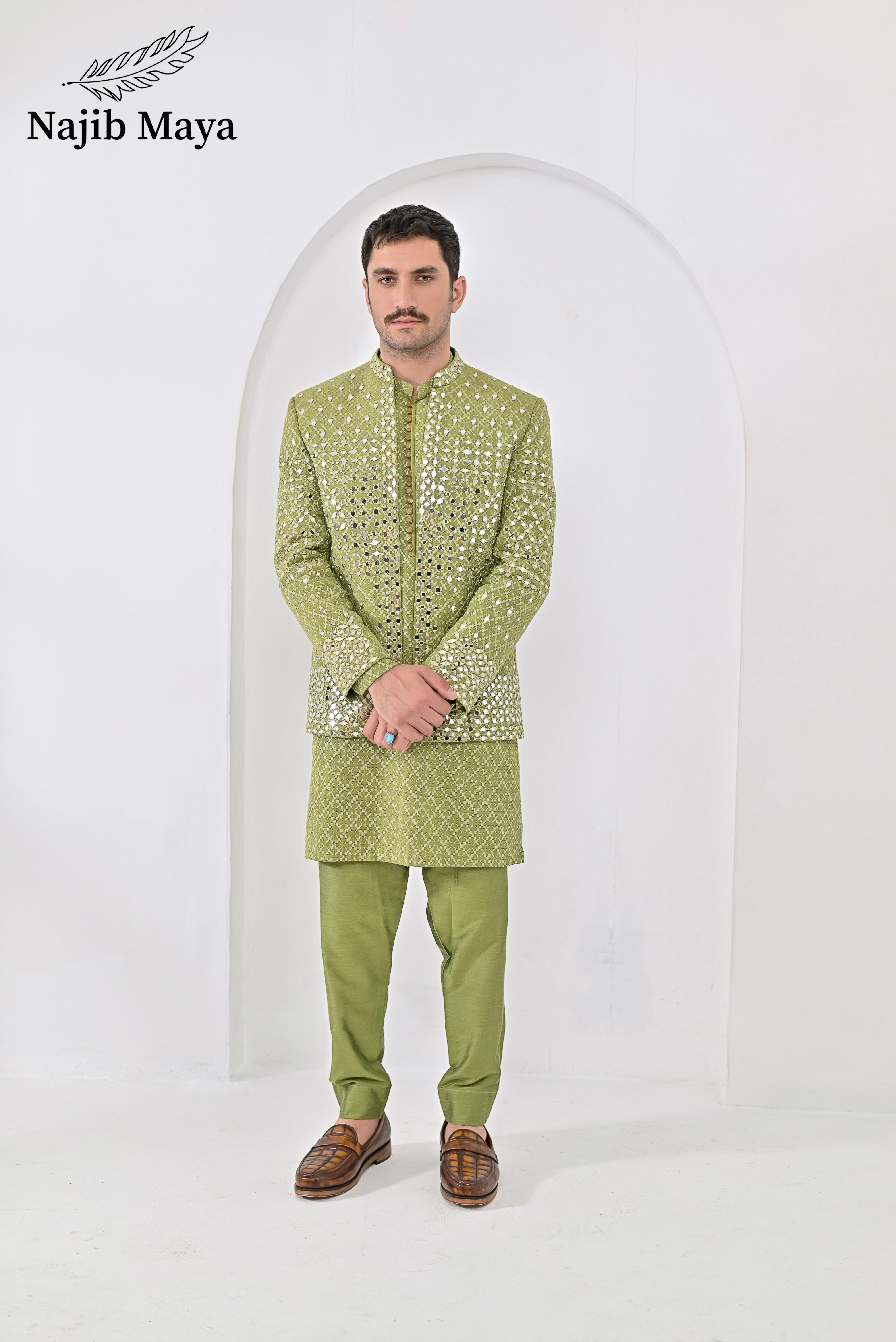 Pista Green Embroidery Mirror Work Prince Coat + Pista Green Embroidery Kurta Pajama For Men's Main image