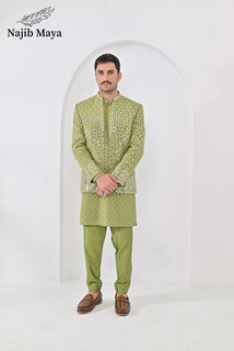 Pista Green Embroidery Mirror Work Prince Coat + Pista Green Embroidery Kurta Pajama For Men's
