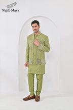 Pista Green Embroidery Mirror Work Prince Coat + Pista Green Embroidery Kurta Pajama For Men's