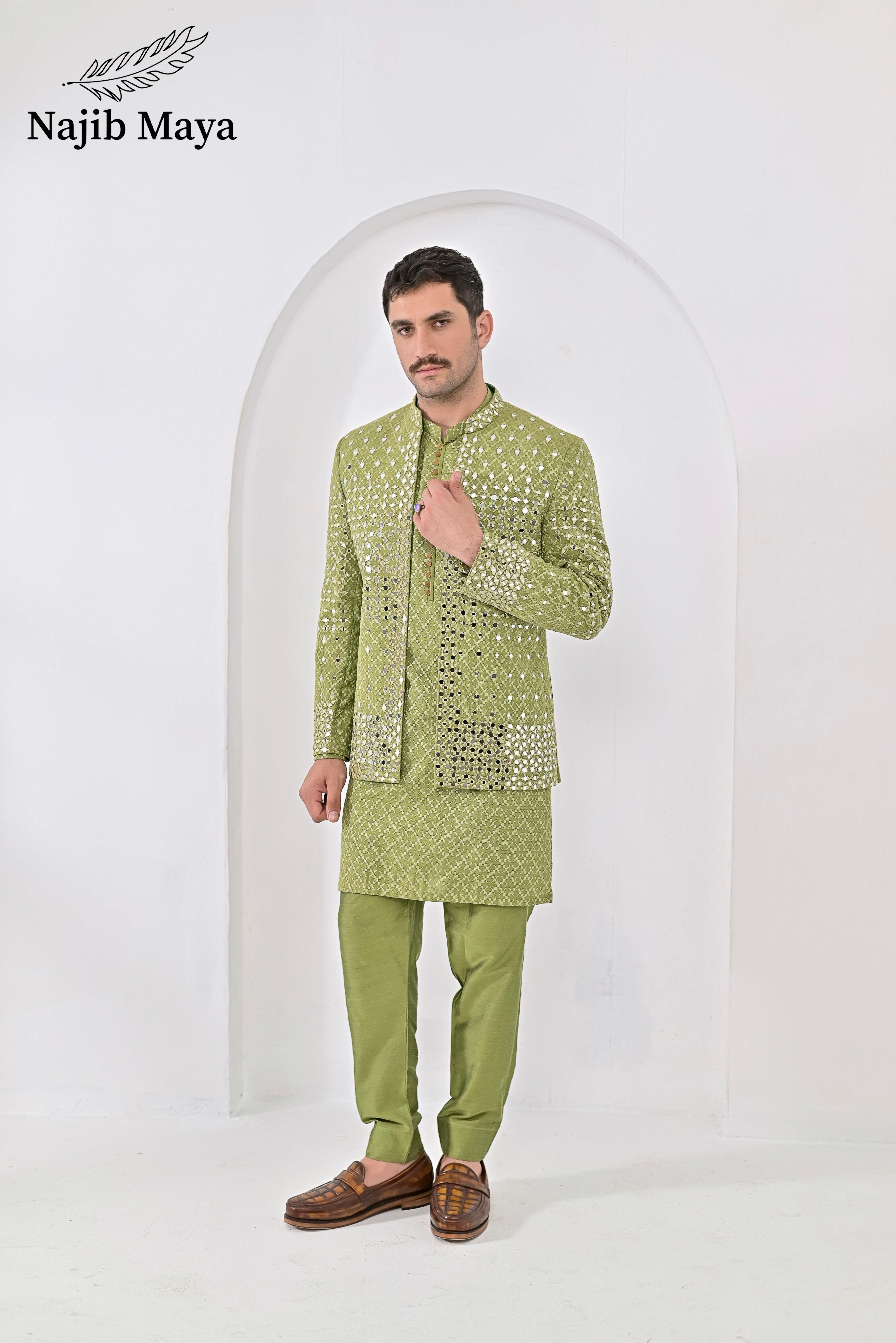 Pista Green Embroidery Mirror Work Prince Coat + Pista Green Embroidery Kurta Pajama For Men's