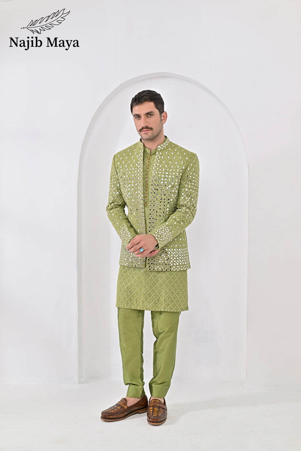 Pista Green Embroidery Mirror Work Prince Coat + Pista Green Embroidery Kurta Pajama For Men's