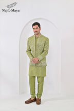 Pista Green Embroidery Mirror Work Prince Coat + Pista Green Embroidery Kurta Pajama For Men's