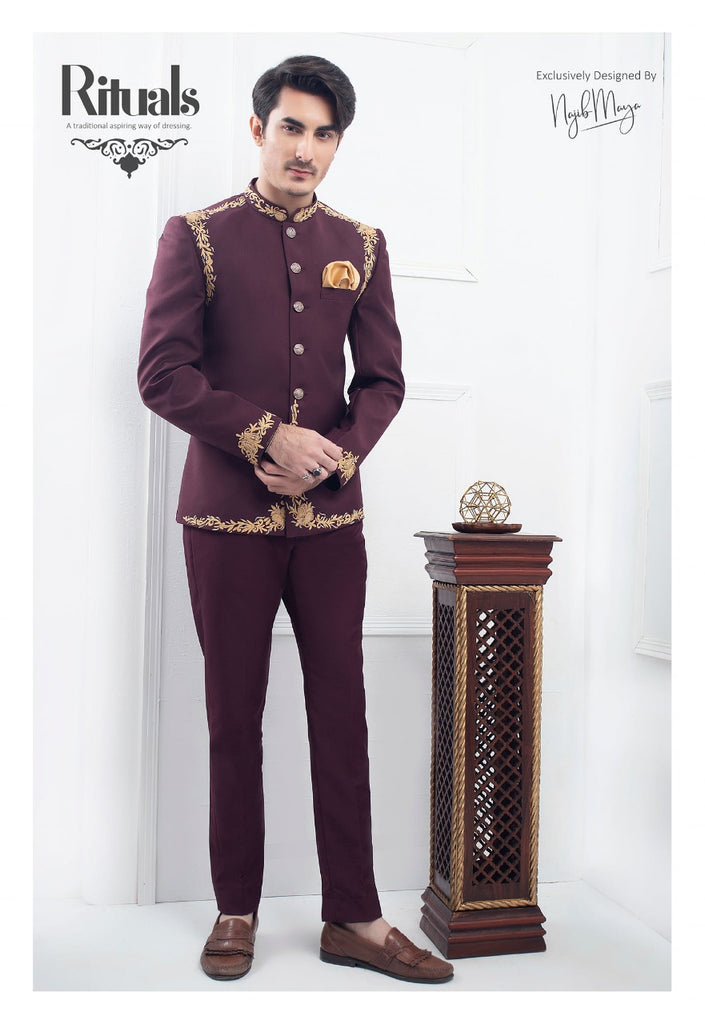 Maroon Stylish Embroidery Prince Coat For Men's