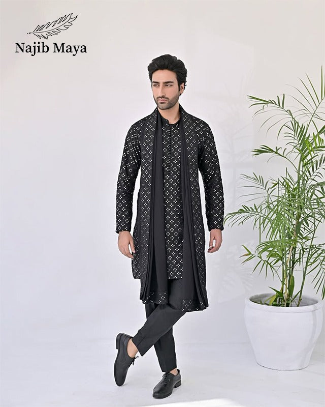 Black Embroidery Kurta Pajama + Shawl For Men's Main image