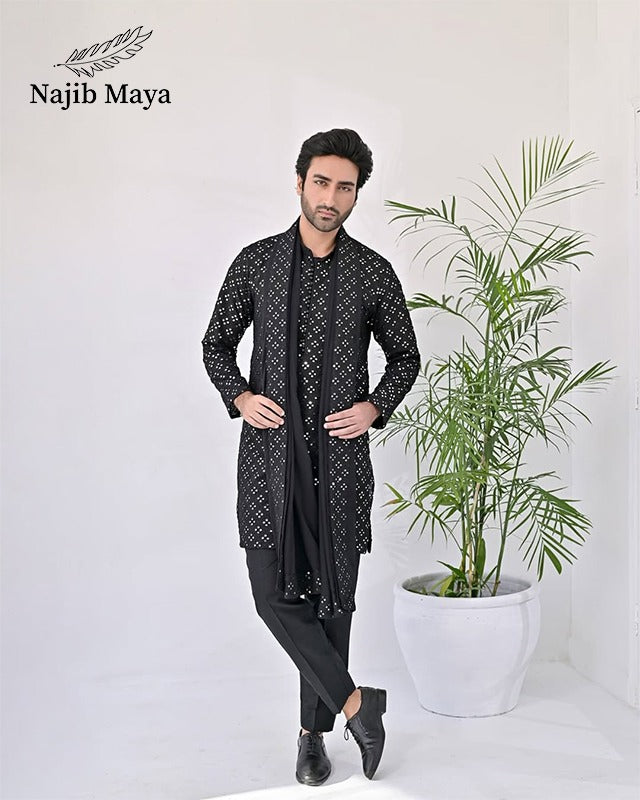 Black Embroidery Kurta Pajama + Shawl For Men's