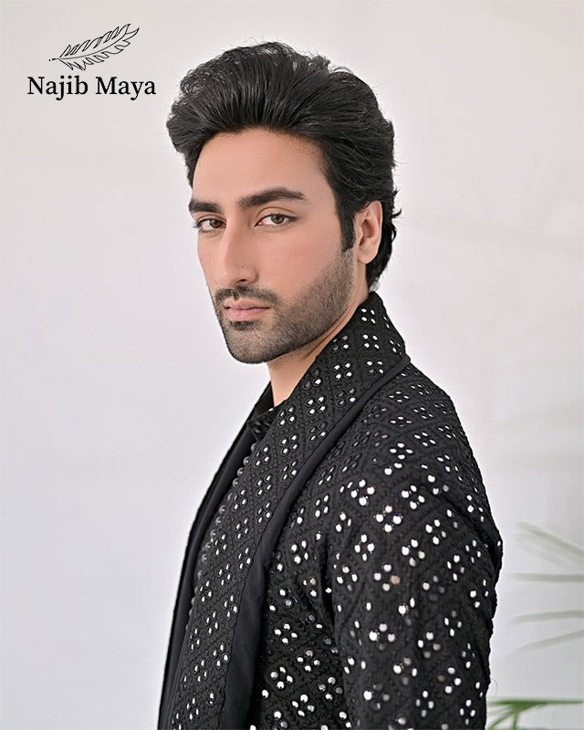 Black Embroidery Kurta Pajama + Shawl For Men's Secondary image