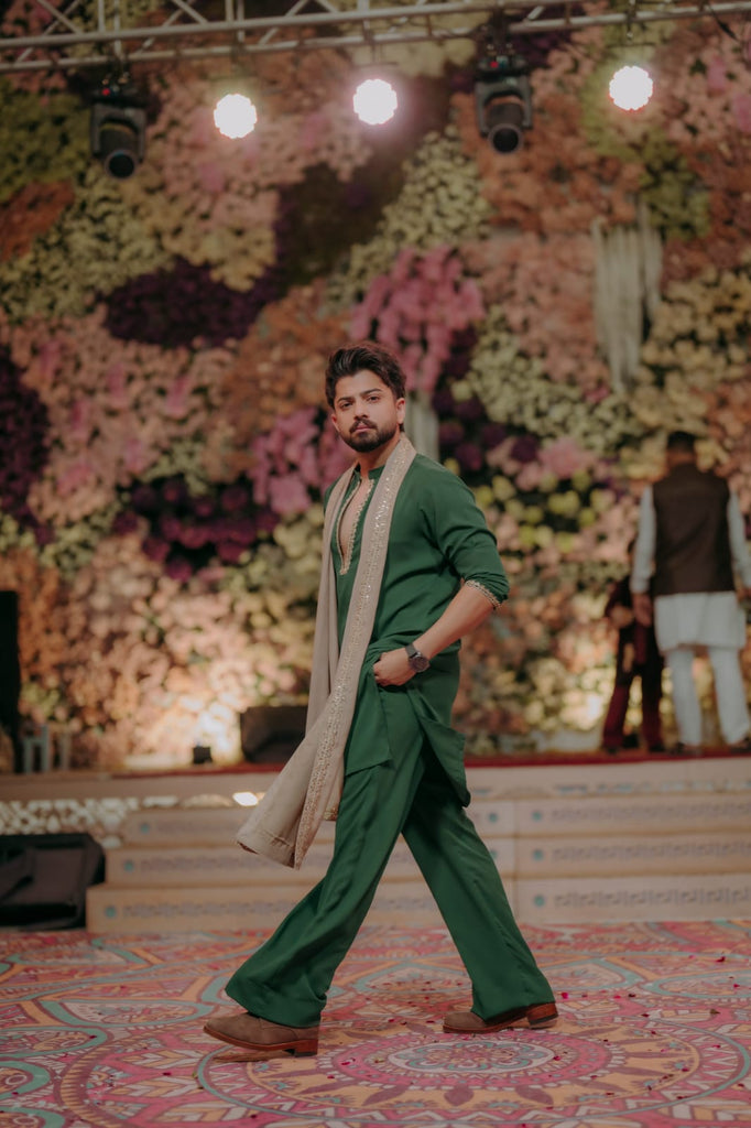 Green Kurta Bellbottom Pajama + Shawl For Men's