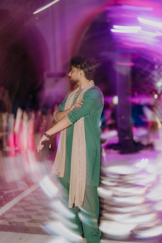 Green Kurta Bellbottom Pajama + Shawl For Men's