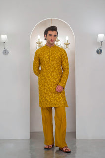 Yellow Embroidered Kurta With Bell Bottom Pajama For Men's