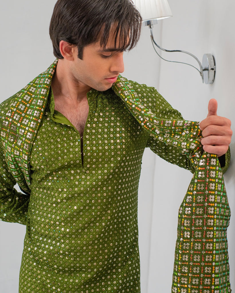 Green Embroidery Kurta With Bell Bottom Pajama + Shawl For Men's